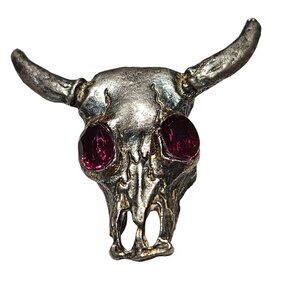 Vintage Longhorn Bull Skull Ruby Red Eyes Silver Tone Jewelry Crafting DIY